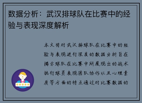 数据分析：武汉排球队在比赛中的经验与表现深度解析