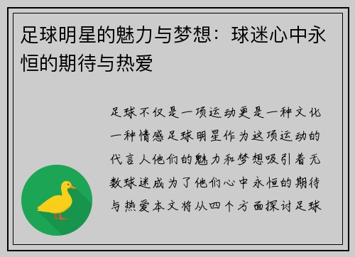 足球明星的魅力与梦想：球迷心中永恒的期待与热爱
