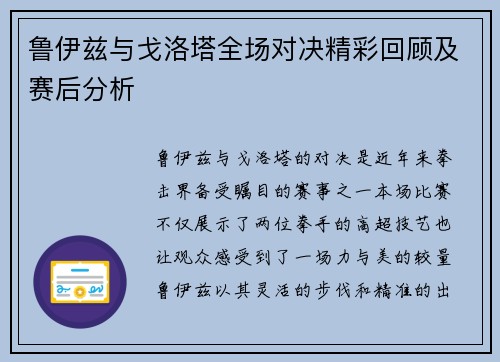 鲁伊兹与戈洛塔全场对决精彩回顾及赛后分析